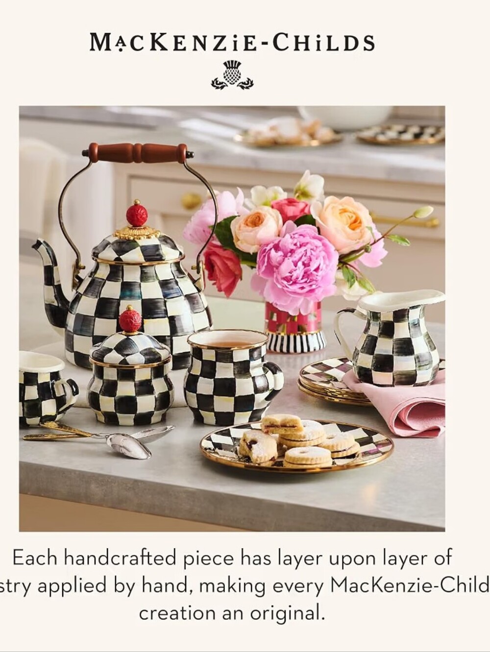 MACKENZIE-CHILDS Tea Kettle, 3 Quarts, Black-and-White Courtly CheckHand-paint - Picture 2 of 6